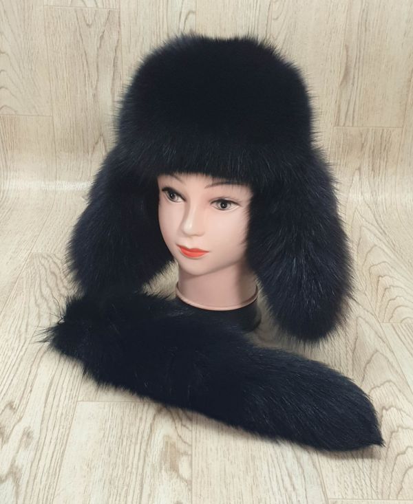 Женская Зимняя Шапка из меха Песца, Натуральный Мех Песца, артикул М-014-П, Шапка из Песца с Натуральной Кожей